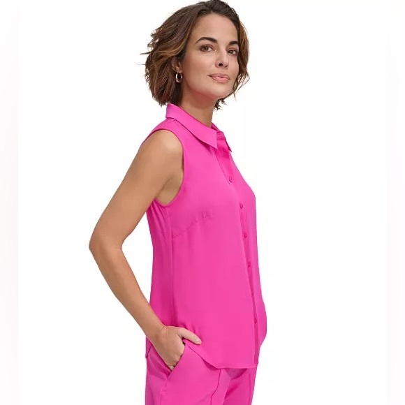 DKNY Women’s Sleeveless Blouse button-down dress shirt medium career nwt Macys - Picture 1 of 7